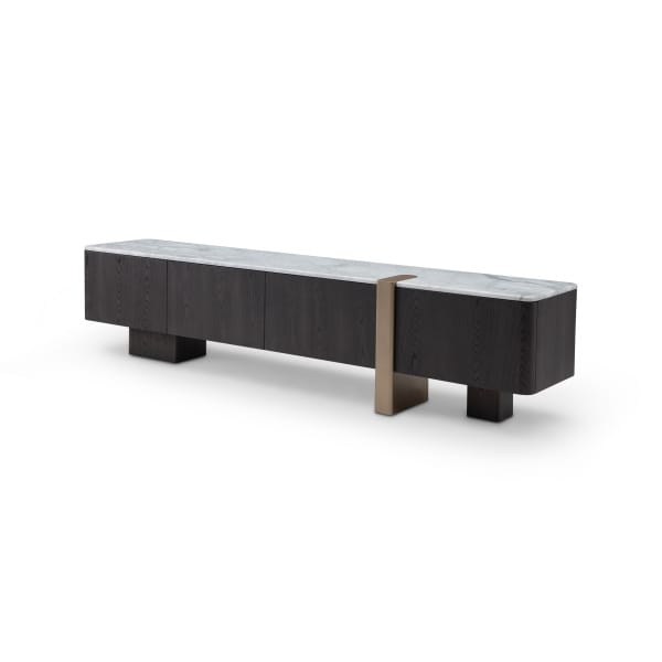 Comodă TV 220 cm, blat marmură albă, furnir ulm gri închis, accente alamă IMPERIA, design elegant pentru interior sofisticat