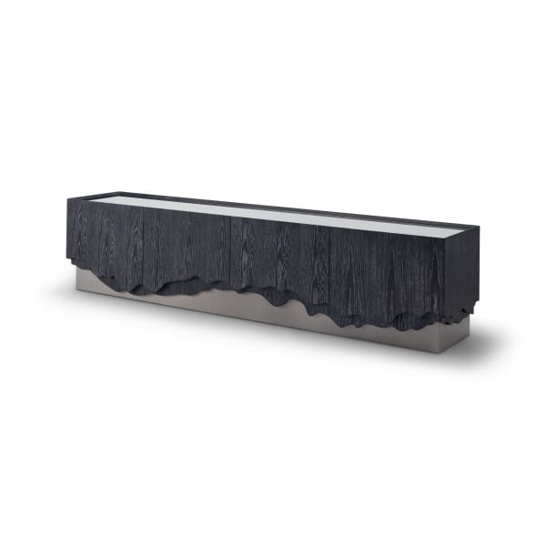 Comodă TV 220 cm, furnir stejar negru, blat oglindă gri, bază oțel inoxidabil AURORA NOIR, design sculptural pentru interior sofisticat