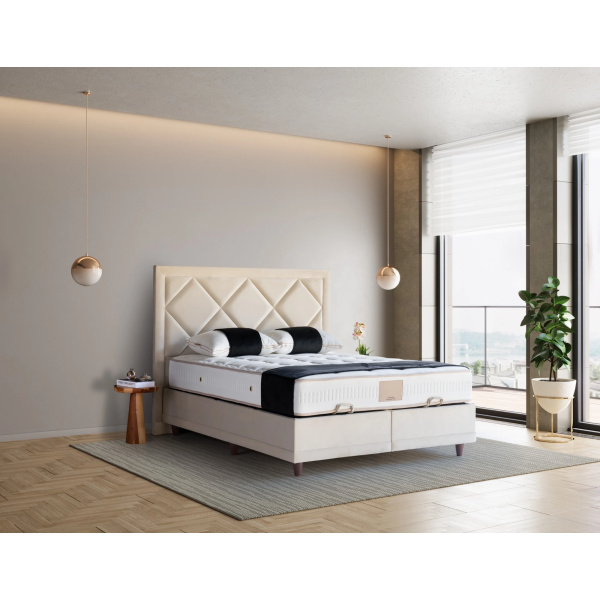 Pat Boxspring POINT cu lada de depozitare, structura metalica, saltea premium, material catifelat