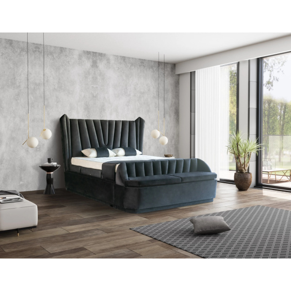 Pat Boxspring SERENE cu lada de depozitare, bancuta separata, structura metalica, saltea premium, material catifelat