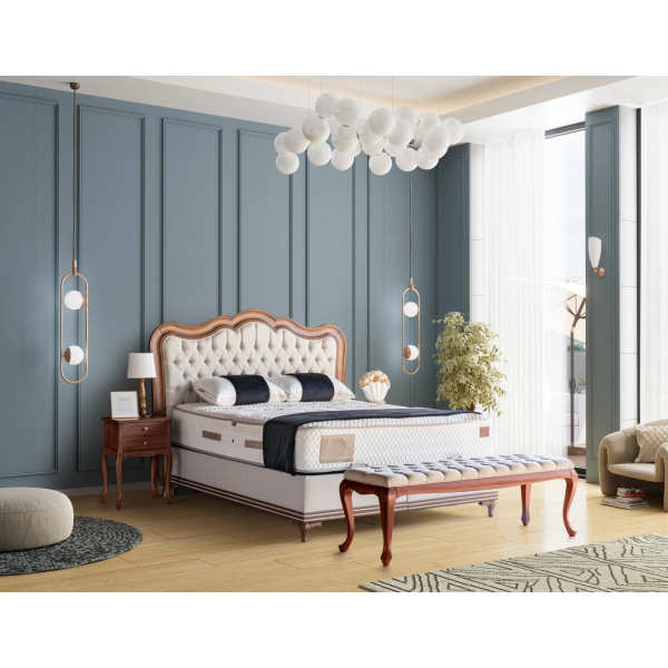 Pat Boxspring SPECIAL cu lada de depozitare, bancuta separata, structura metalica, saltea premium, material catifelat