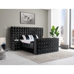 Pat Boxspring TWELL cu lada de depozitare, spatiu pentru integrare TV, structura metalica, saltea premium, material catifelat