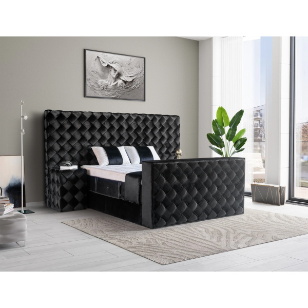 Pat Boxspring TWELL cu lada de depozitare, spatiu pentru integrare TV, structura metalica, saltea premium, material catifelat