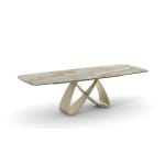 Masă dining extensibilă modernă pentru 6–10 persoane 260 cm, blat din sticlă securizată cu ceramică tip marmură și bază metalică, design minimalist luxury FIRENZE