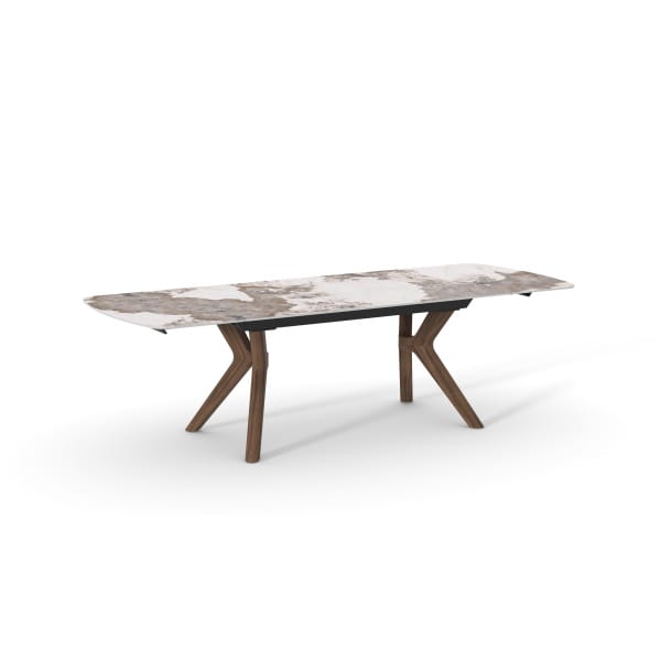 Masă dining extensibilă modernă pentru 6–10 persoane 260 cm, blat ceramic tip marmură și picioare din lemn masiv de nuc, design contemporan elegant LINEA