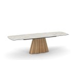 Masă dining extensibilă modernă pentru 6–10 persoane 260 cm, blat din sticlă securizată cu ceramică tip marmură și bază metalică, design luxury contemporan BELLAGIO