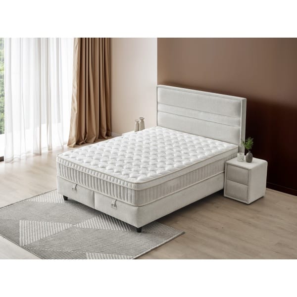 Pat Boxspring ASTRA cu ladă de depozitare, structură metalică, material si saltea premium cu topper integrat