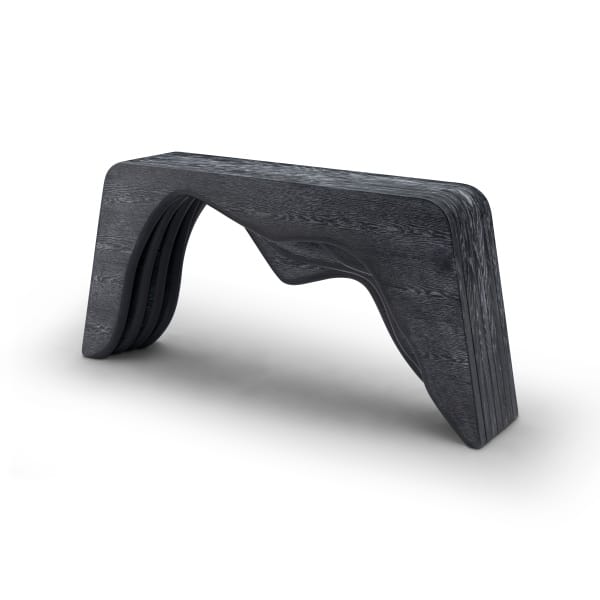 Consolă 158 cm, furnir stejar, design sculptural cu forme curbate AURORA NOIR, pentru interior contemporan sofisticat