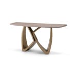 Consolă 160 cm, blat furnir ulm gri deschis, bază metalică aurie sculpturală IMPERIA, design elegant pentru interior premium