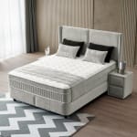 Pat Boxspring DIANA cu ladă de depozitare, structură metalică, material si saltea premium cu topper integrat