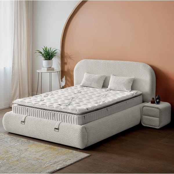 Pat Boxspring THALUMA cu ladǎ de depozitare, structurǎ metalicǎ si saltea premium cu topper integrat