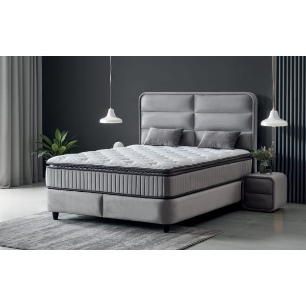 Pat Boxspring FALLONE cu ladă de depozitare, structură metalică, material și saltea premium cu topper integrat