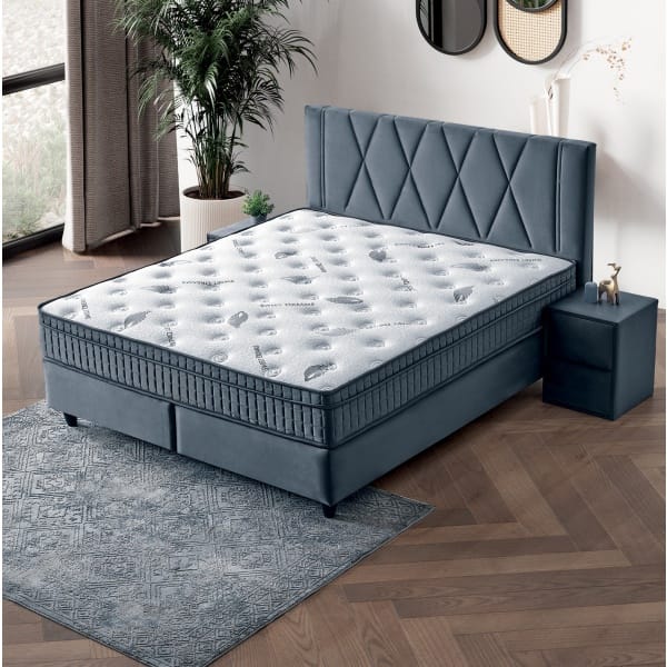 Pat Boxspring LOFT cu ladă de depozitare, structură metalică, saltea premium cu topper integrat, material catifelat