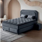 Pat Boxspring MADRID cu ladă de depozitare, structură metalică, saltea premium cu topper integrat, material catifelat