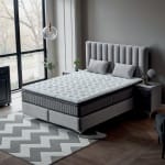 Pat Boxspring PARMA cu lada de depozitare, structura metalica, saltea premium cu topper integrat, material catifelat