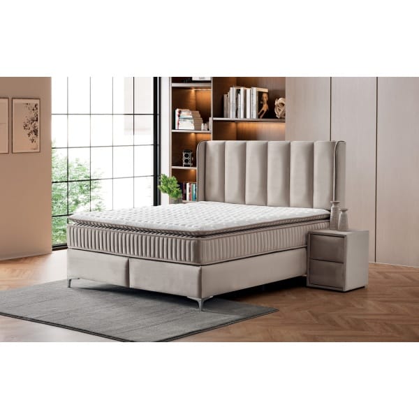 Pat Boxspring EDDA cu lada de depozitare, structura metalica, saltea premium cu topper integrat, material catifelat