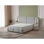 Pat Boxspring MERIVO LUX cu ladă de depozitare, structura metalica, material și saltea premium, design modern, LED-uri incorporate