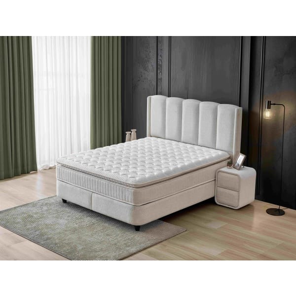 Pat Boxspring MAGNUM cu ladă de depozitare, structura metalica, material și saltea premium cu topper integrat