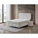 Pat Boxspring LOUVRE cu ladă de depozitare, structura metalica, material și saltea premium, LED-uri integrate in capatai