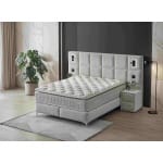 Pat Boxspring IBIZA cu ladă de depozitare, structura metalica, material și saltea premium cu topper integrat, LED-uri incorporate in capatai