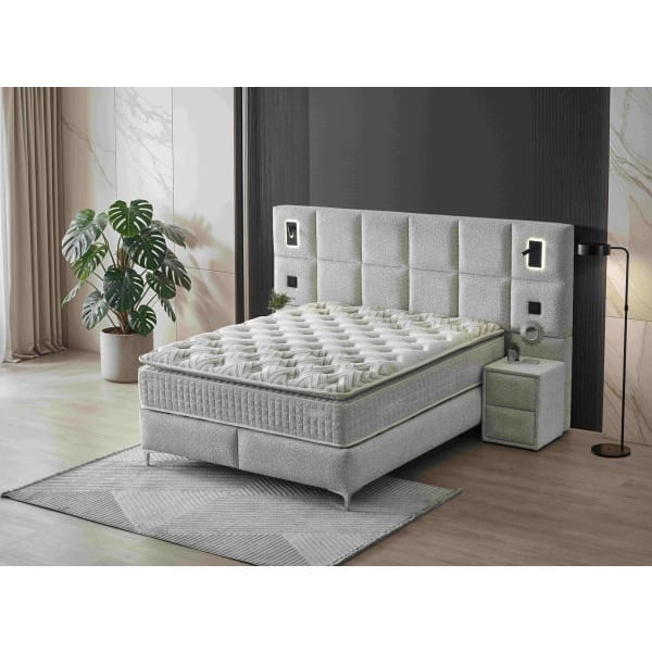 Pat Boxspring IBIZA cu ladă de depozitare, structura metalica, material și saltea premium cu topper integrat, LED-uri incorporate in capatai