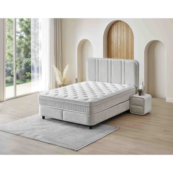 Pat Boxspring HUGO cu ladă de depozitare, structura metalica, material și saltea premium, design modern