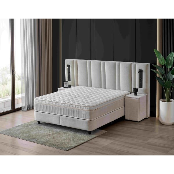 Pat Boxspring MARSILYA cu ladă de depozitare, structura metalica, material și saltea premium cu topper integrat, LED-uri incorporate in capatai