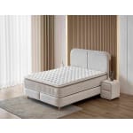 Pat Boxspring PORTO cu ladă de depozitare, structura metalica, material și saltea premium cu topper integrat
