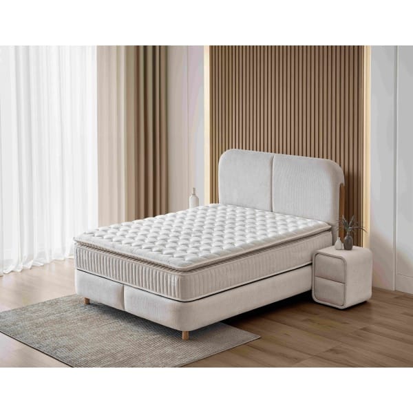 Pat Boxspring PORTO cu ladă de depozitare, structura metalica, material și saltea premium cu topper integrat