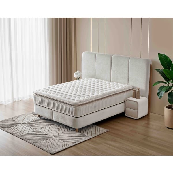 Pat Boxspring MONACO cu ladă de depozitare, structura metalica, material și saltea premium cu topper integrat