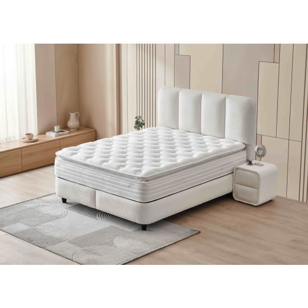 Pat Boxspring LONDON cu ladă de depozitare, structura metalica, material și saltea premium cu topper integrat