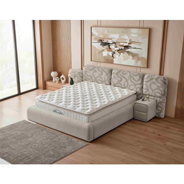 Pat Boxspring MILANO cu ladă de depozitare, structura metalica, material și saltea premium cu topper integrat, design modern