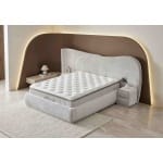Pat Boxspring SALVADOR cu ladă de depozitare, structura metalica, material și saltea premium cu topper integrat, design organic