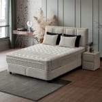 Pat Boxspring PAROS cu ladă de depozitare, structura metalica, material și saltea premium cu topper integrat