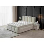 Pat Boxspring ALLURE PRO cu ladă de depozitare, structura metalica, material si saltea premium, LED-uri integrate in capatai