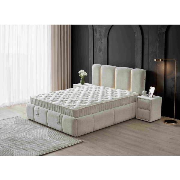 Pat Boxspring ALLURE PRO cu ladă de depozitare, structura metalica, material si saltea premium, LED-uri integrate in capatai