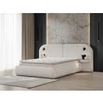 Pat Boxspring ELYSIA cu lada de depozitare, structura metalica, saltea premium cu topper integrat, LED-uri și noptiere incluse cu sticlă securizată