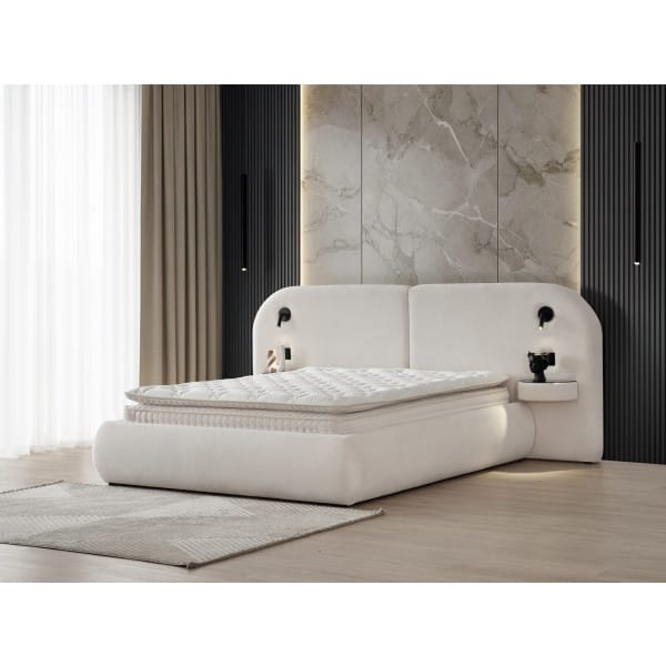 Pat Boxspring ELYSIA cu lada de depozitare, structura metalica, saltea premium cu topper integrat, LED-uri și noptiere incluse cu sticlă securizată