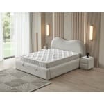 Pat Boxspring SERENITY cu ladǎ de depozitare, structurǎ metalicǎ, material si saltea premium, cu topper integrat