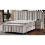 Pat Boxspring STARLIGHT cu lada de depozitare, saltea si material premium, structura metalica, LED-uri si charger USB integrate in capatai