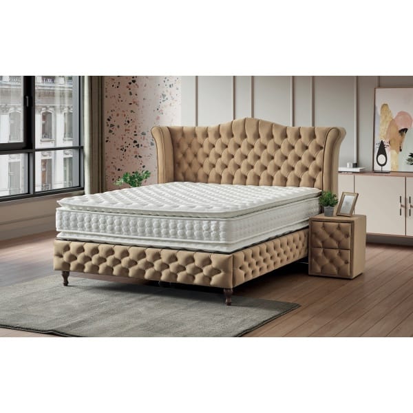 Pat Boxspring IMPERIAL cu lada de depozitare, structura metalica, saltea premium cu topper integrat, material catifelat