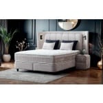 Pat Boxspring JULIE cu ladă de depozitare, structura metalica, material și saltea premium cu topper integrat, LED-uri incorporate in capatai