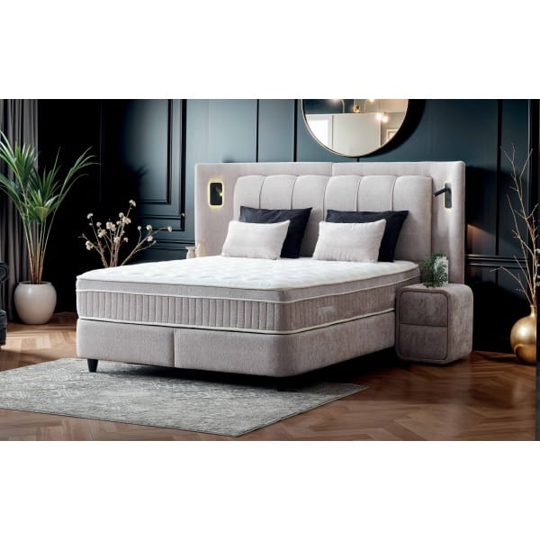 Pat Boxspring JULIE cu ladă de depozitare, structura metalica, material și saltea premium cu topper integrat, LED-uri incorporate in capatai