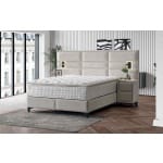Pat Boxspring MATHILDA cu ladă de depozitare, structura metalica, material și saltea premium cu topper integrat, LED-uri incorporate in capatai