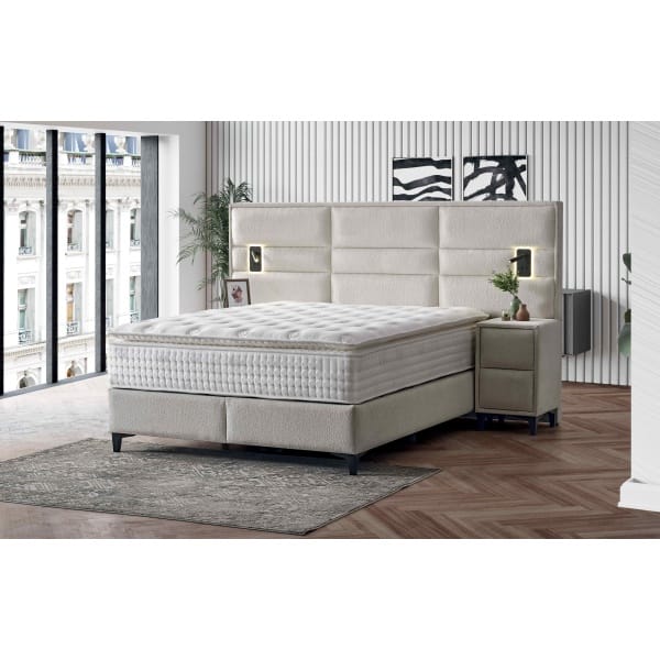 Pat Boxspring MATHILDA cu ladă de depozitare, structura metalica, material și saltea premium cu topper integrat, LED-uri incorporate in capatai