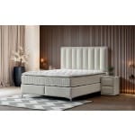 Pat Boxspring MINI STARLIGHT cu ladă de depozitare, structura metalica, material și saltea premium cu topper integrat, LED-uri incorporate in capatai