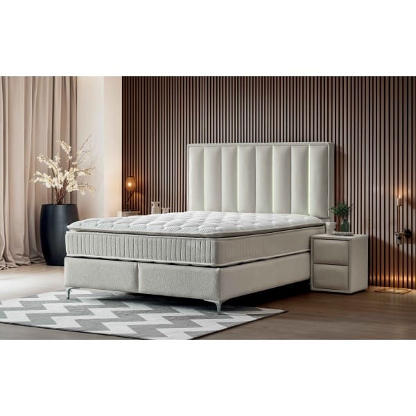 Pat Boxspring MINI STARLIGHT cu ladă de depozitare, structura metalica, material și saltea premium cu topper integrat, LED-uri incorporate in capatai