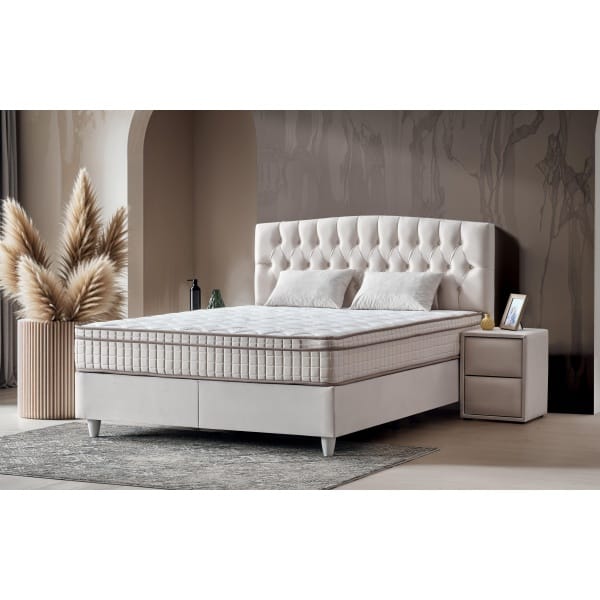 Pat Boxspring MONZA cu ladă de depozitare, structura metalica, material și saltea premium cu topper integrat, design modern