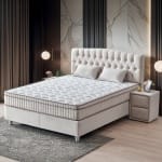 Pat Boxspring MONZA cu ladă de depozitare, structura metalica, material și saltea premium cu topper integrat, design modern - imagine 6