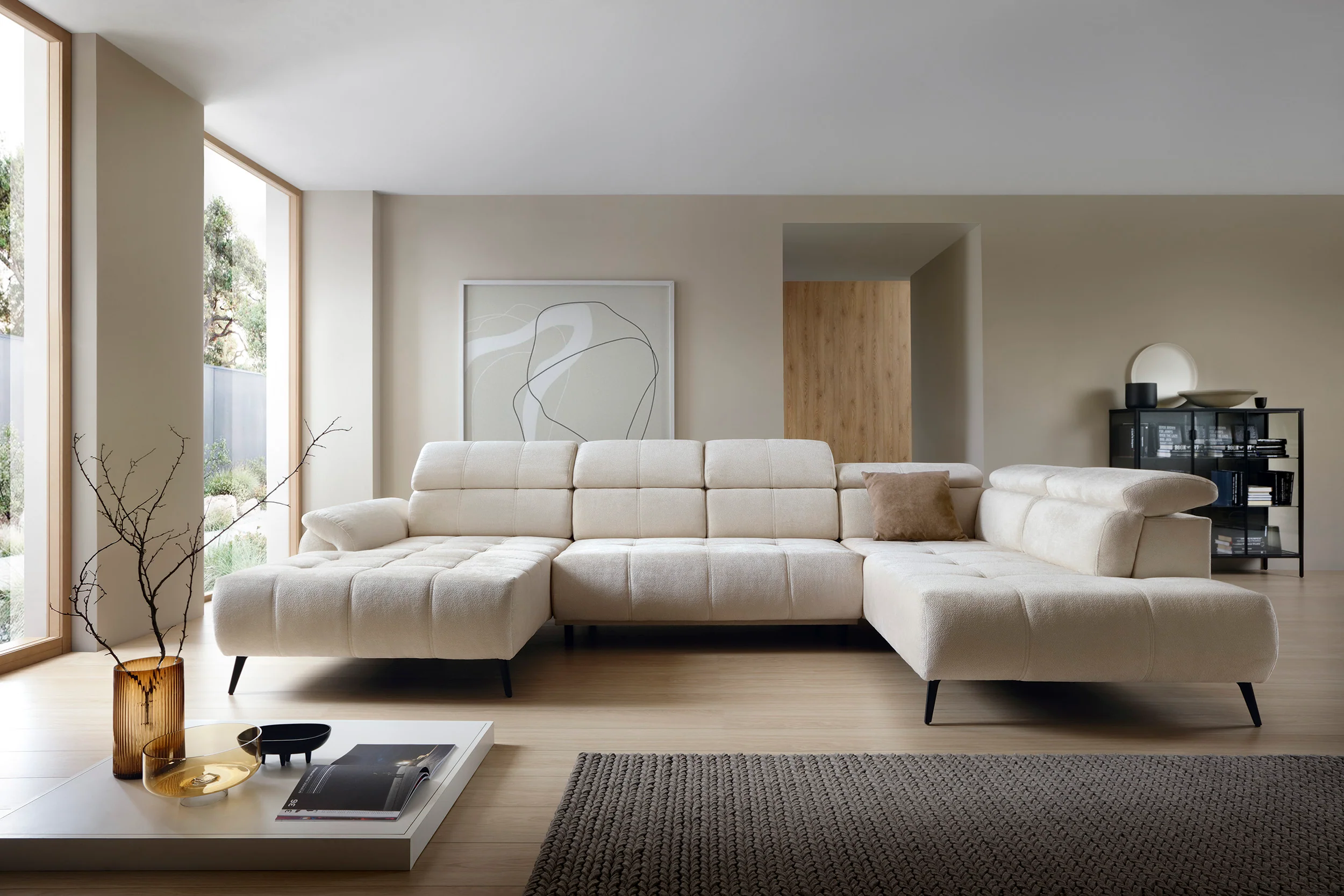 Colțar extensibil electric 375 cm, formă U, tetiere reglabile, funcție lounge VITORIO, design contemporan pentru spațiu sofisticat - imagine 1